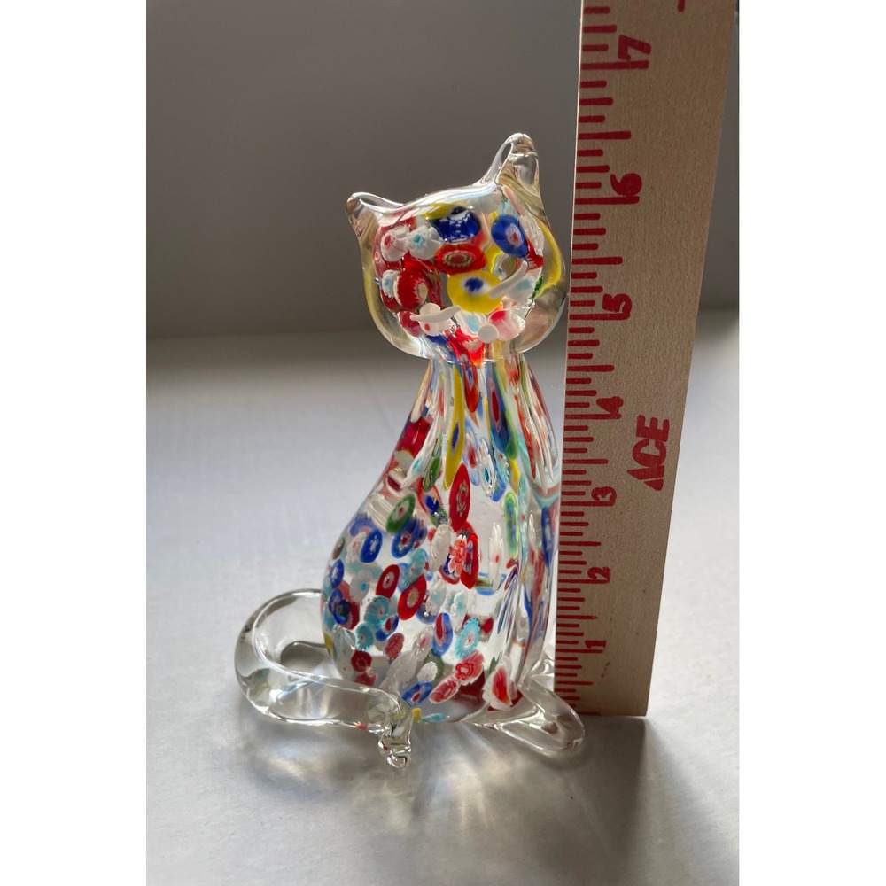 Vintage Murano Glass Handmade Millefiori Cat Multicolor Glass Figurine - Picture 5 of 7